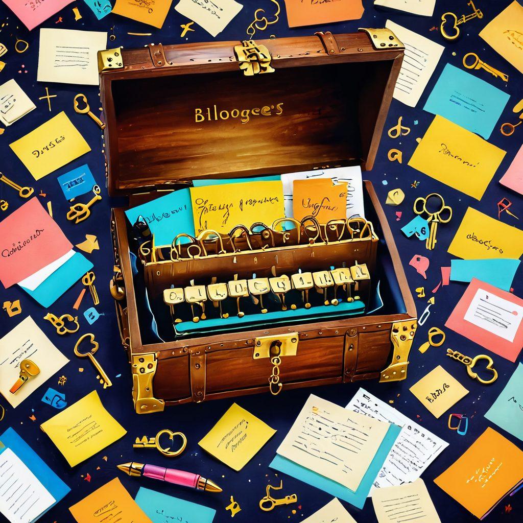 A captivating open treasure chest overflowing with golden keys symbolizing blogging success, surrounded by diverse bloggers sharing ideas in a vibrant, supportive community setting. Intricate details of laptops, notepads, and colorful sticky notes scattered around, illustrating creativity and collaboration. Warm lighting and inviting colors to convey a sense of discovery and inspiration. artistic style of a modern digital illustration. vibrant colors.