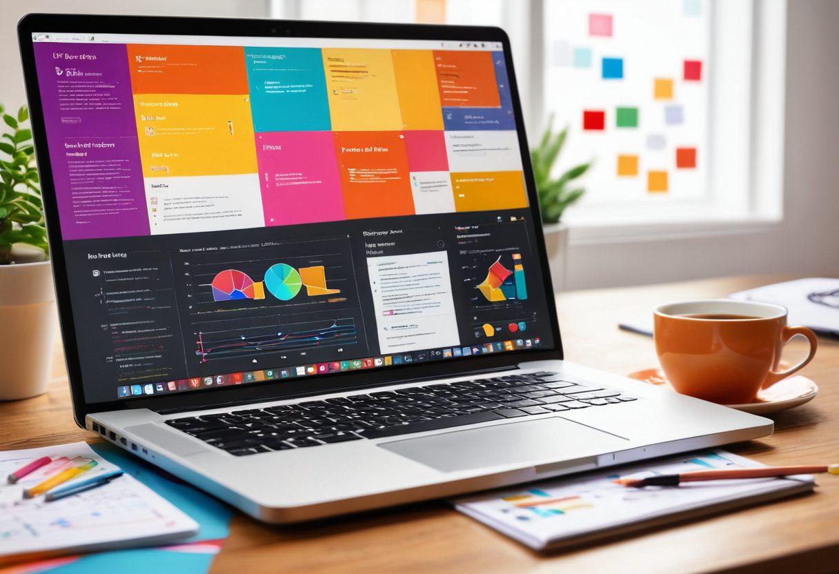 A dynamic scene featuring an open laptop displaying a vibrant blog interface, surrounded by colorful trend charts and tutorial notes. In the background, an enthusiastic writer brainstorms ideas with a coffee cup in hand, looking inspired. Incorporate elements that represent technology and creativity, like lightbulbs and gears. The overall atmosphere should convey a sense of growth and innovation. super-realistic. vibrant colors. white background.