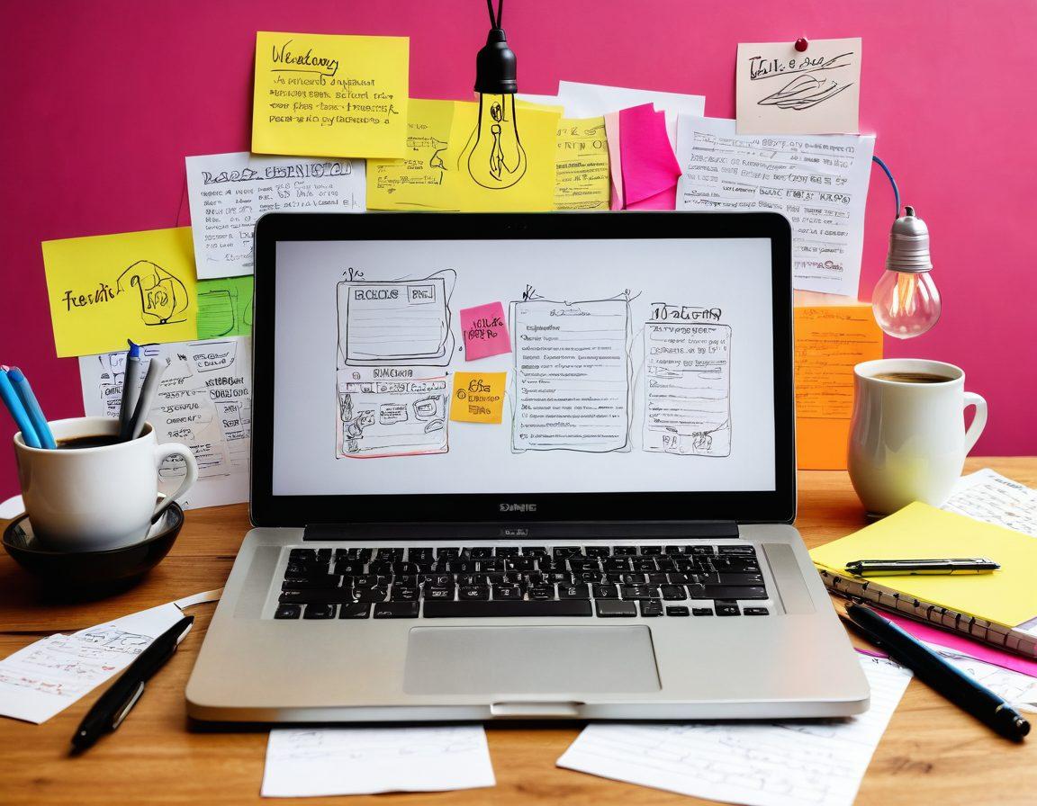 A visually engaging collage featuring an open laptop with a vibrant blog interface, notebooks filled with scribbled ideas, a steaming cup of coffee, and colorful sticky notes in the background. Artistic elements like light bulbs for inspiration and a roadmap for a successful journey should be subtly included. The scene should convey a sense of creativity, organization, and passion for blogging. super-realistic. vibrant colors. white background.